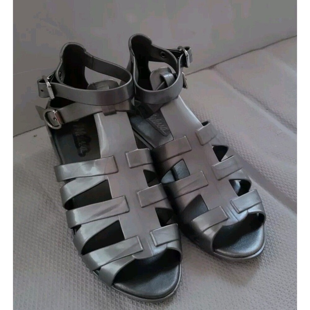 Melissa Liberty Jelly Strappy Silver Sandals Slight Wedged Heel US Sz 7/ EU 38 - Picture 7 of 14